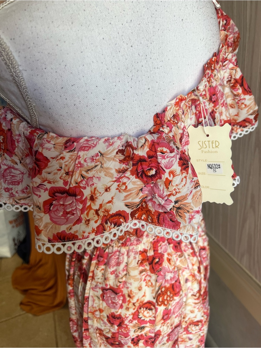 Off-Shoulder Floral Maxi Dress in Coral Pink Print - Picture 6 of 9